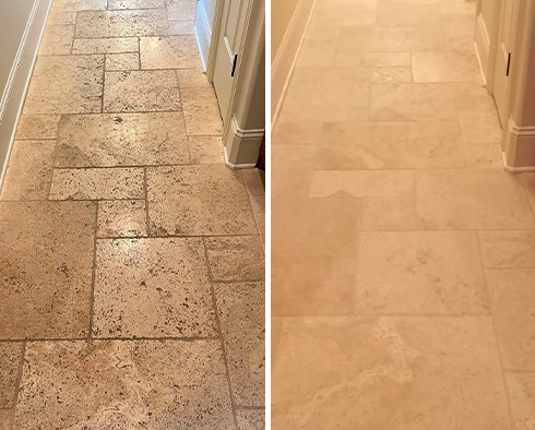 Travertine Floor Before and After a Stone Cleaning in Arrington, TN