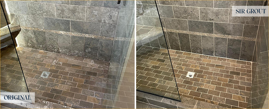 Travertine Shower Before and After a Stone Cleaning in Nashville, TN