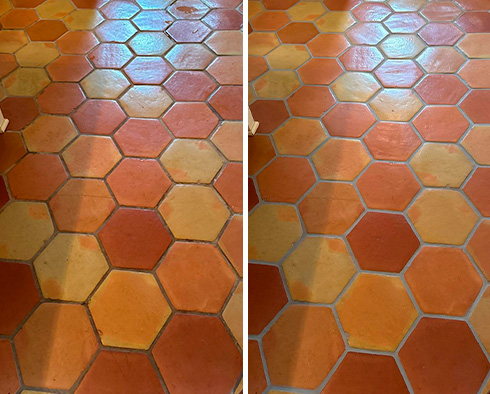 Terracotta Floor Before and After a Grout Recoloring in Brentwood