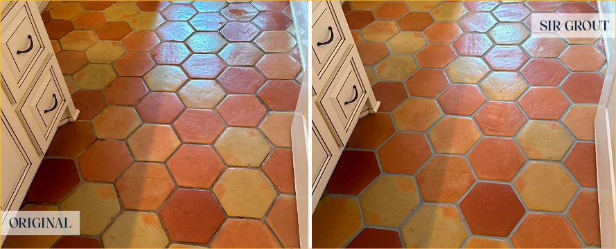 Terracotta Floor Before and After a Grout Recoloring in Brentwood