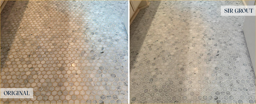 Bathroom Floor Before and After a Grout Cleaning in Franklin, TN