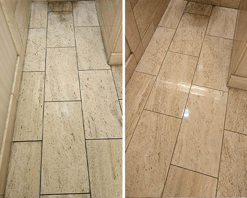 Travertine Bathroom Stall Before and After a Stone Polishing in Nashville