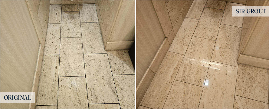 Travertine Bathroom Stall Before and After a Stone Polishing in Nashville