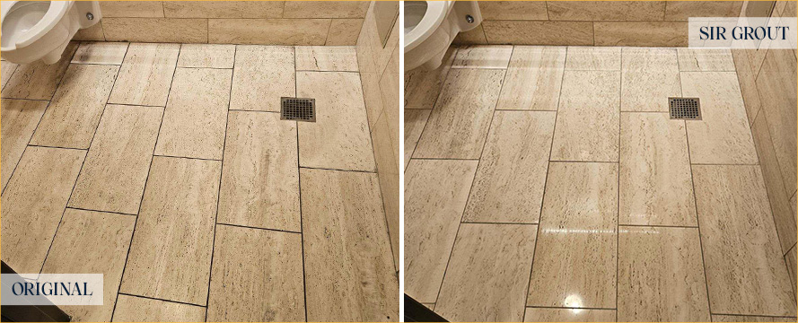 Travertine Bathroom Floor Before and After a Stone Polishing in Nashville