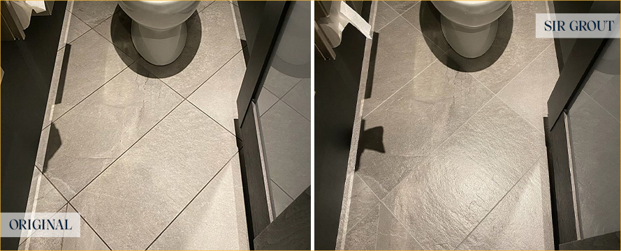 Floor of Bathroom Cubicle Before and After a Grout Cleaning in Nashville